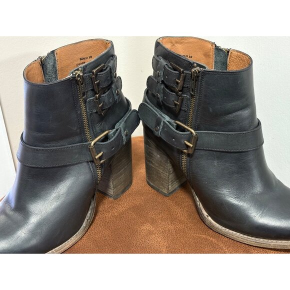 FREEBIRD BOLO BLACK BUCKLED DUAL ZIP HEELED ANKLE LEATHER BOOTS WOMENS 10 - Picture 5 of 9